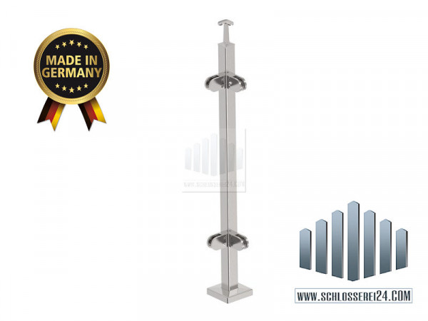 Edelstahlpfosten aus Vierkantrohr, 4 x Glasklemmhalter, "Eckpfosten"